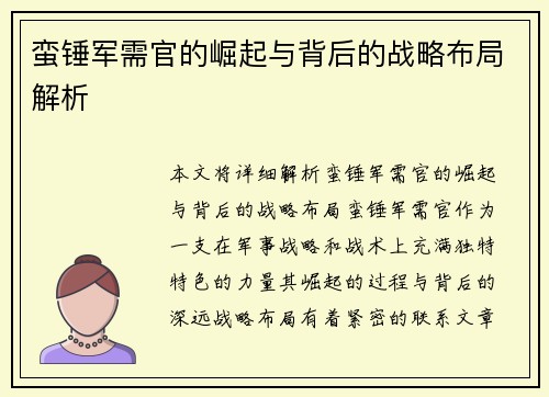 蛮锤军需官的崛起与背后的战略布局解析